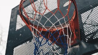 black and red outdoor basketball hoop